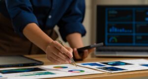 Pessoa a analisar gráficos de resultados de marketing em papel, com um dashboard aberto no portátil
