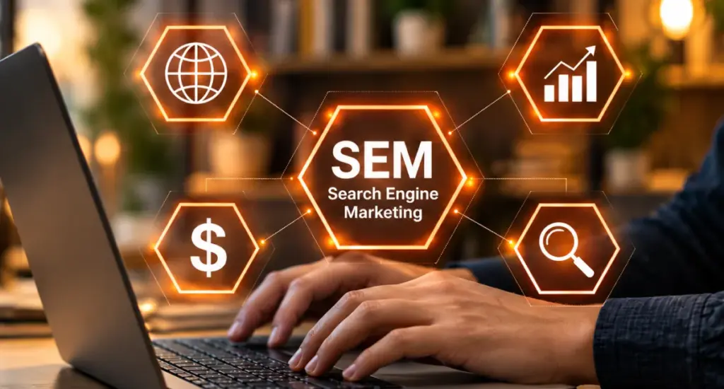 Ícones de SEM (Search Engine Marketing) sobre as mãos de uma pessoa a escrever no portátil